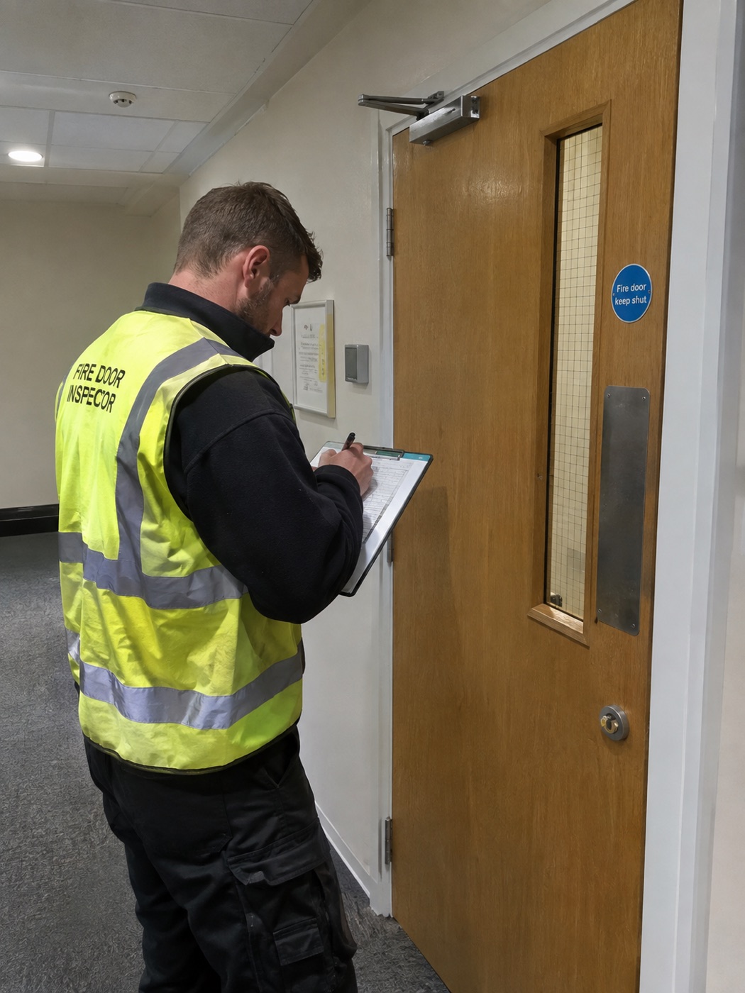 Fire door inspector in a hi-vis vest completing a checklist beside a fire door in a corridor